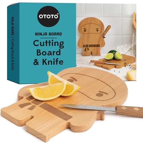 OTOTO Cutting Board Wooden & Plastic Cutting Boards for Kitchen, Fun & Spooky Kitchen Gadgets, Housewarming & Goth Gifts, Dishwasher Safe (Ninja, Wood)