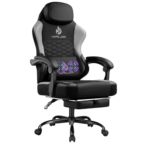 WAILOR Gaming Chair with Massage and Packet Spring Cushion,Ergonomic Gamer Chairs for Adults with Footrest 300lbs,High Back Gamer Leather Chair with Headrest and Lumbar Support