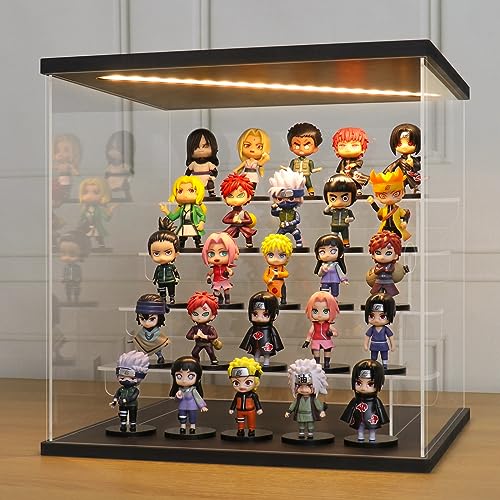 LANSCOERY Acrylic Display Case with LED Light, Clear 5 Tier Organization, Dustproof Black Display Box, Exclusive Showcase for Collectibles, Mini Figures and Funko Pop, 11.8x11x11.8inch