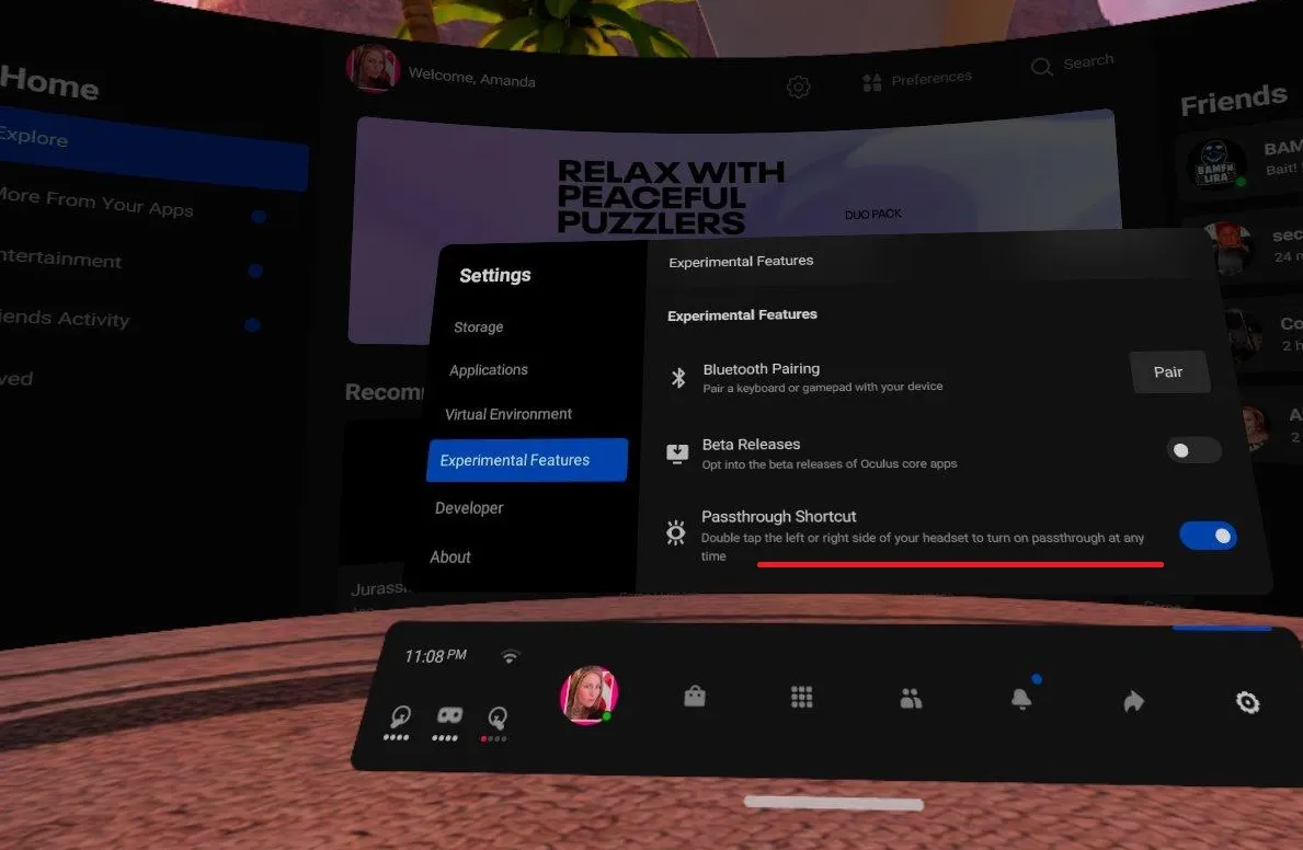 how to turn on Passthrough mode in Oculus Quest 2